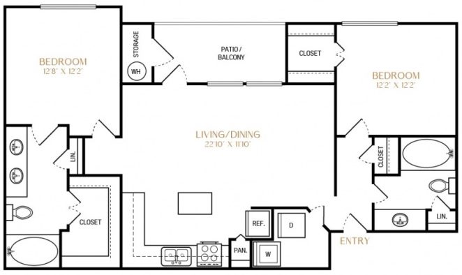 the floor plan for a two bedroom apartment at The Ellwood at Lake Travis